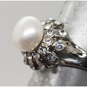 Vintage Big Ring Silver Genuine Pearl & Rhinestone Cluster Cocktail Domed sz 9